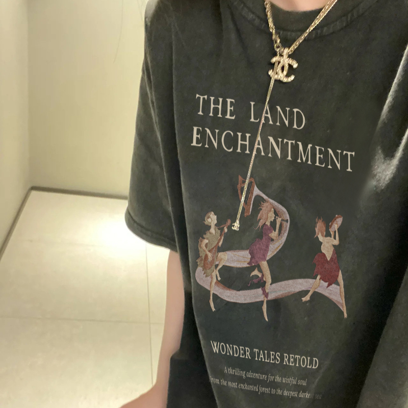 Print Washed T-shirt Kaos Lengan Pendek Oversize Retro Trumpet Girl Korean Style Atasan Wanita