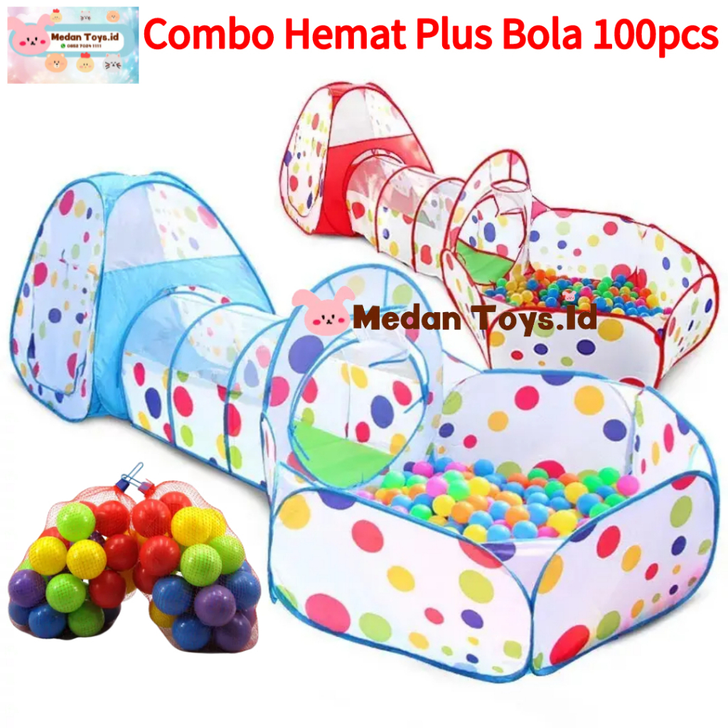 Medan Toys - Mainan Tenda Anak Terowongan 4in1 +Kolam+ Ring Basket Mainan Keranjang + Bola 100pc