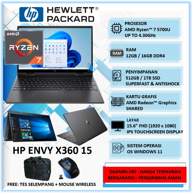 Laptop GamingTouchscreen 2in1 Flip HP Envy X360 15 Ryzen 7 5700U Ram 16GB SSD 1TB 15" FHD Touchscree