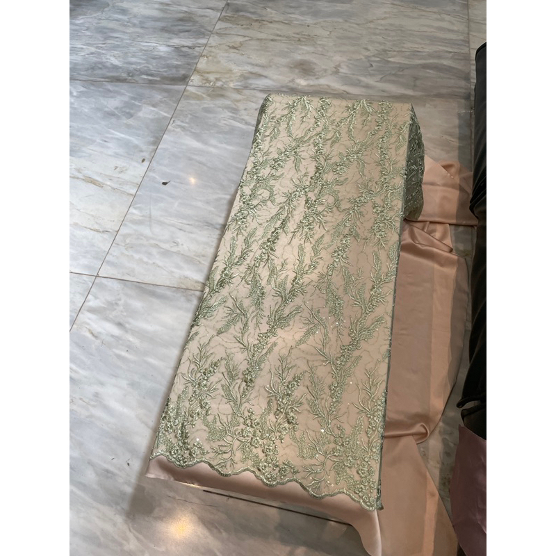 Kain Brokat Tile Bordir Payet Arumi Warna Sage Green