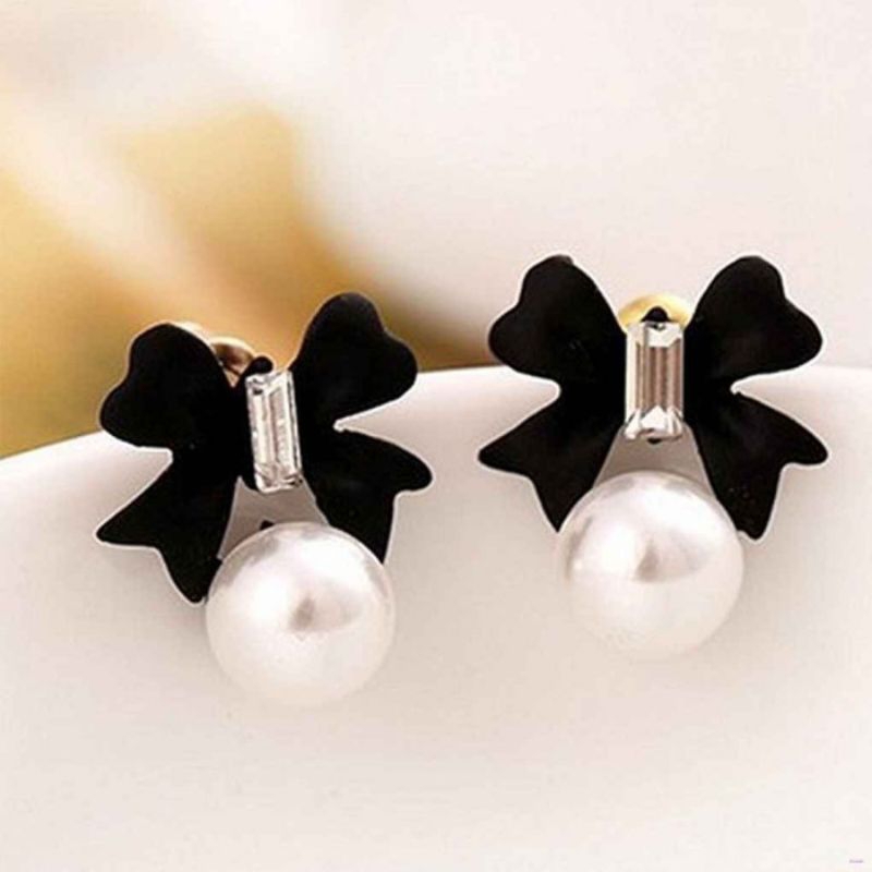 Anting tusuk model Pita hitam Mutiara gaya Korea