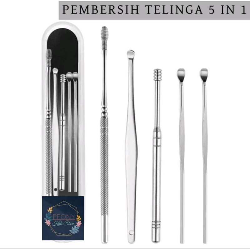 Alat pembersih telinga set 5 in 1 stainless steel/ear picker/korek kuping stenlis