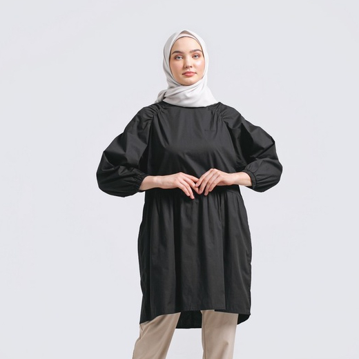 Hanna Tunik Amira Pakaian Hijab Midi Dress Lengan Balon Katun Hitam 101022
