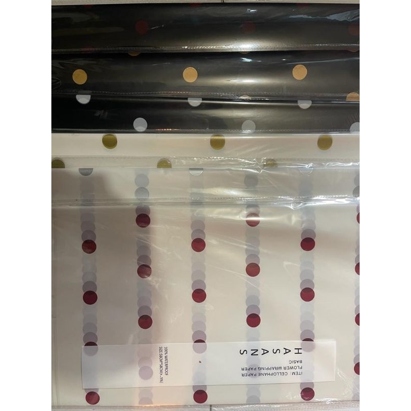 Kertas Cellophane Wrapping Motif Gold Line, Polkadot dan 2warna 20pc