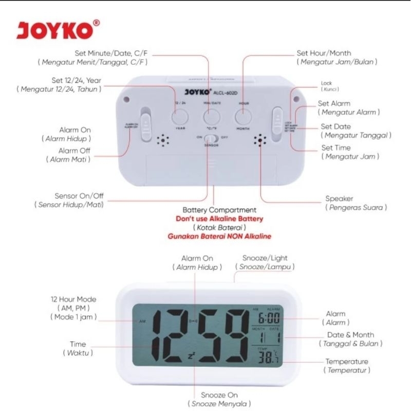 JOYKO ALCL-602D Jam Beker Alarm Weker Dering, Kalender &amp; Suhu Digital