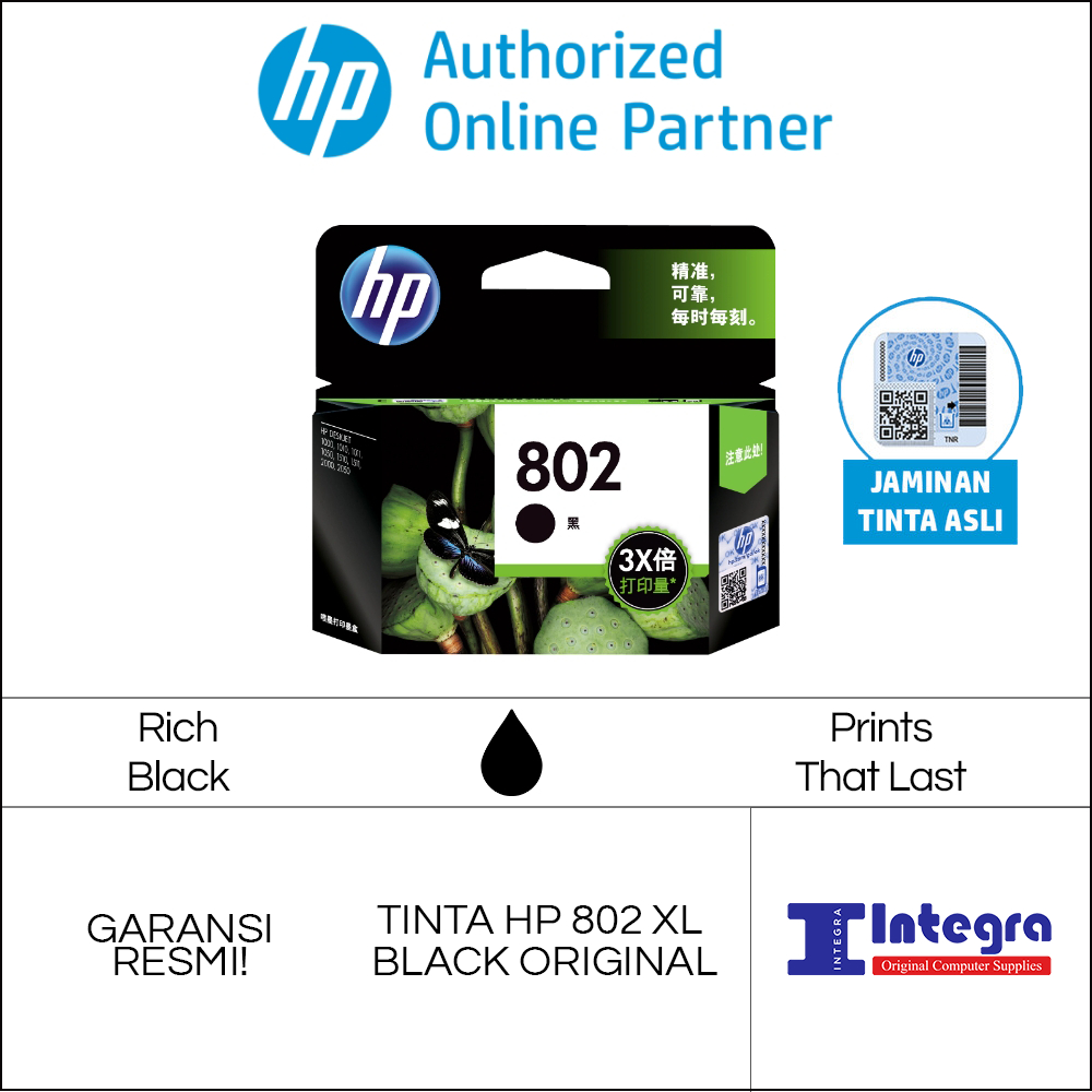 Tinta HP 802 XL Black / Hitam Original Cartridge - CH563ZZ HP Deskjet 1000, 1010, 1015, 1050, 2000, 2050, 3050