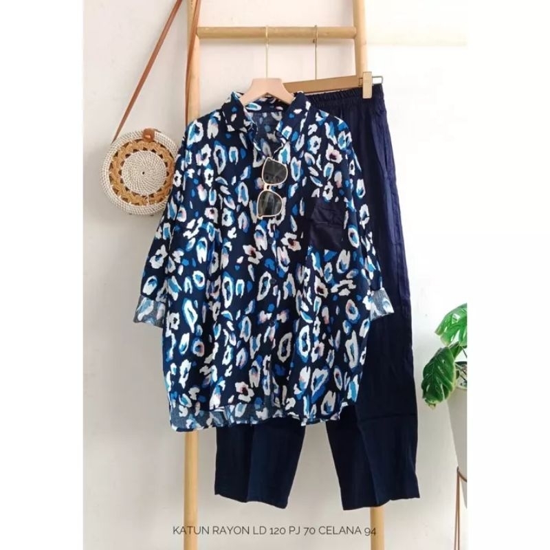 SETELAN WANITA MOTIF MACAN NAVY TERKINI || SETELAN KATUN RAYON PREMIUM || ONE SET