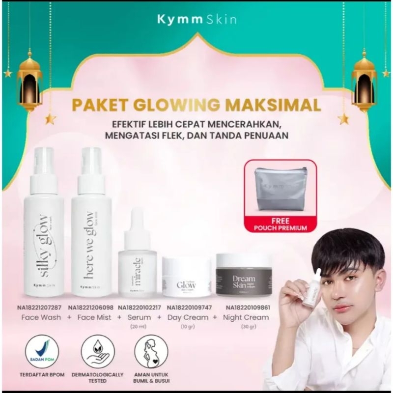 KYMM SKIN 5pcs + Pouch Paket Lengkap Glowing ( Face Wash, Face Mist, Serum, Day cream,Night Cream)