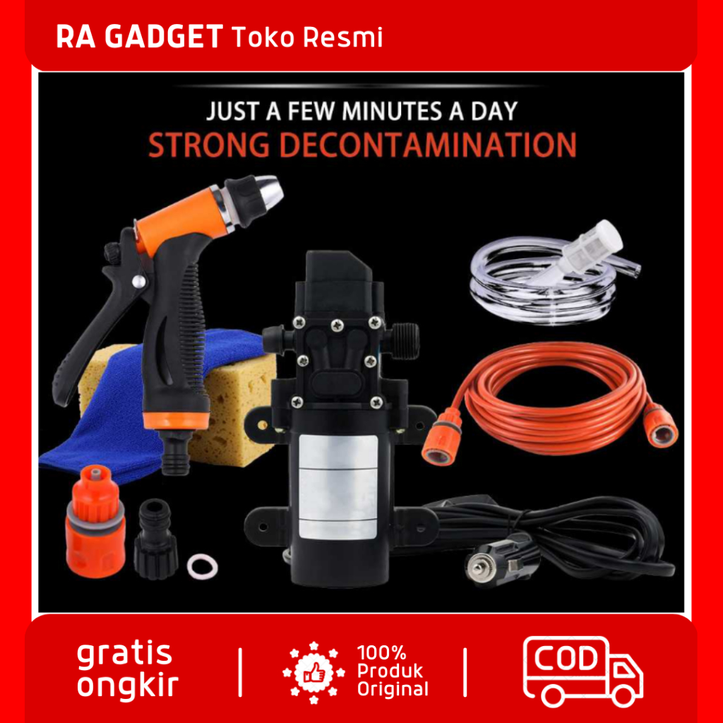 Pompa Air 12 V 100 W dengan Kepala Semprotan / Alat Steam Cuci Pencuci Mobil Motor Pendorong Dorong 