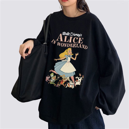 XiaoZhaiNv Korean Style Alice In Wonderland Pattern Lengan Panjang Baju Sweater Wanita A0912