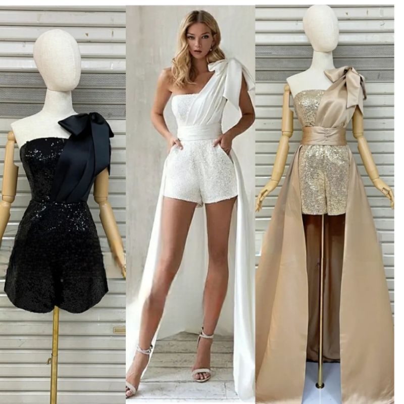 jumpsuit skirt glitter jumpsuit bow ribbon manik sequin black gold white manik kostum acara pesta ko