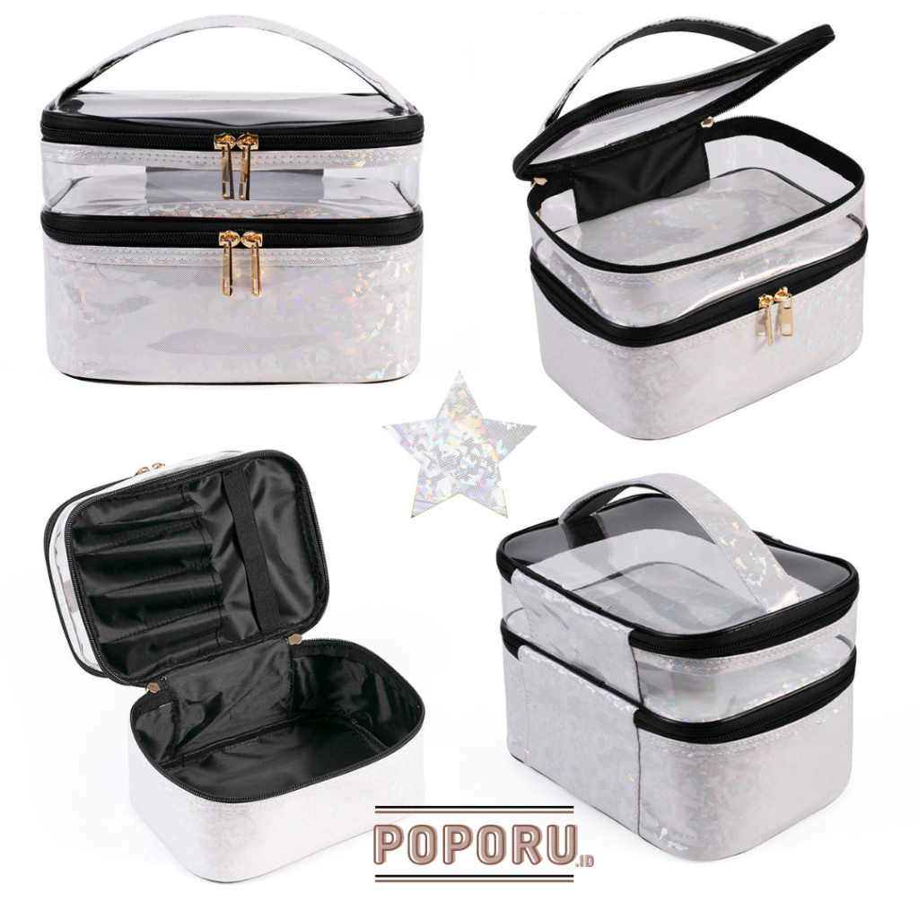 NEW POPORU SILVER MORPHO pouch 4 types - gloss cosmetics bag organizer for make up - tas tempat kosmetik