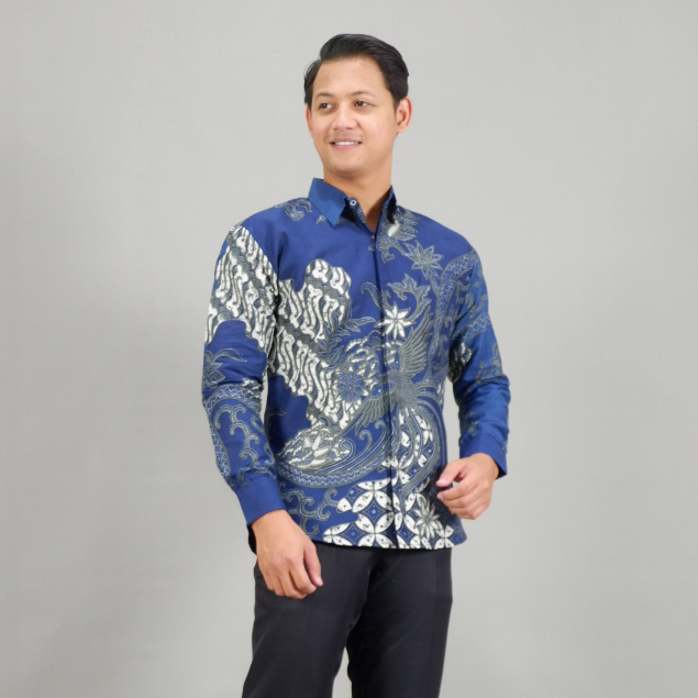 Kemeja Baju Batik Pria Lengan Panjang Hem Atasan Motif Parang Sheling Biru