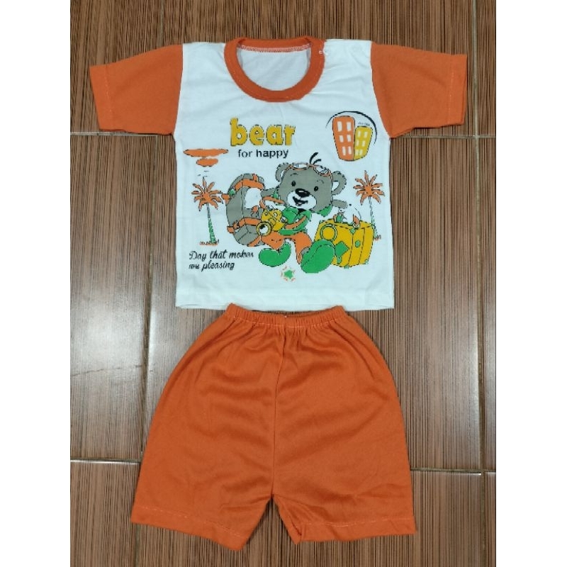 Setelan Baju Bayi Piyama Bayi Lengan Pendek Kancing Pundak Motif Bear Usia 0-12 Bulan