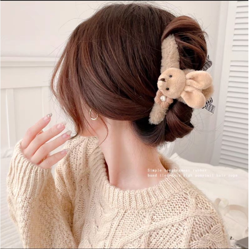 Jepit Rambut Bulu Korea Jumbo 11.5cm Dengan Variasi Boneka Beruang Kelinci Jedai Bulu Plush Doll Bear Bunny Aksesoris Rambut Wanita Rabbit Fluffy Faux Fur Hair Claw