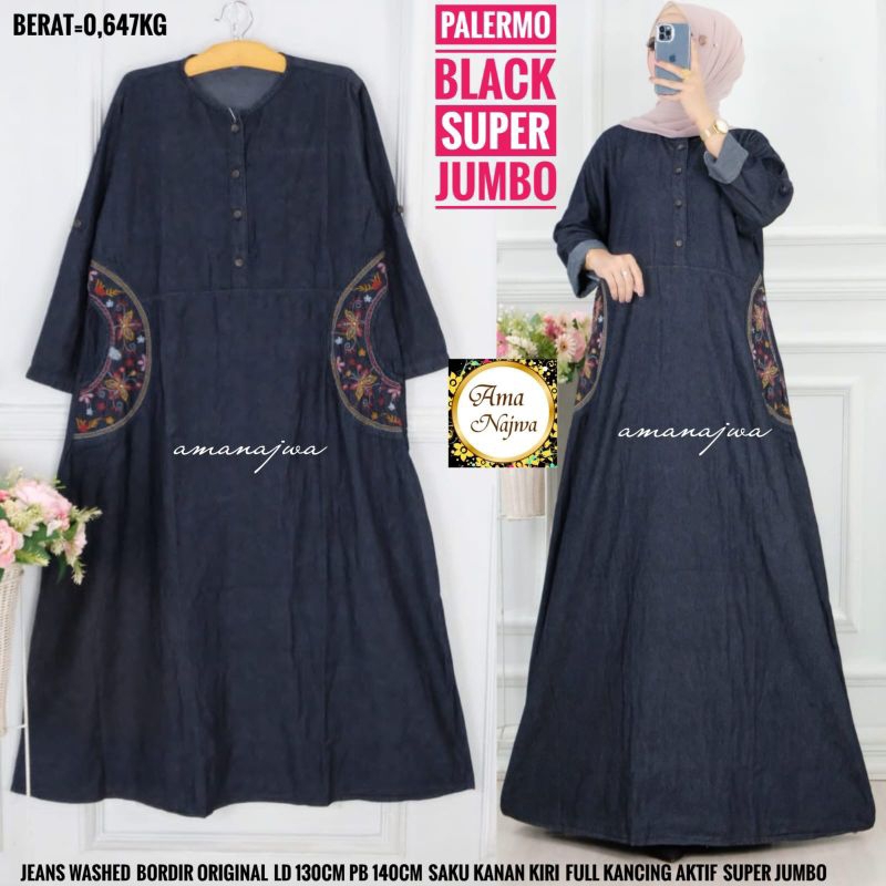 Baju Gamis Jeans Jumbo LD 130 / PALERMO BLACK SUPER JUMBO