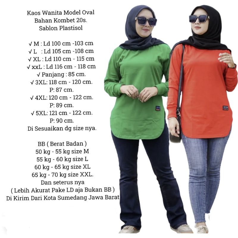 OVAL 03> JUMBO KAOS WANITA LENGAN PANJANG PAKAI RIB BELAH PINGGIR MODEL OVAL BAHAN KATUN KOMBET 20S