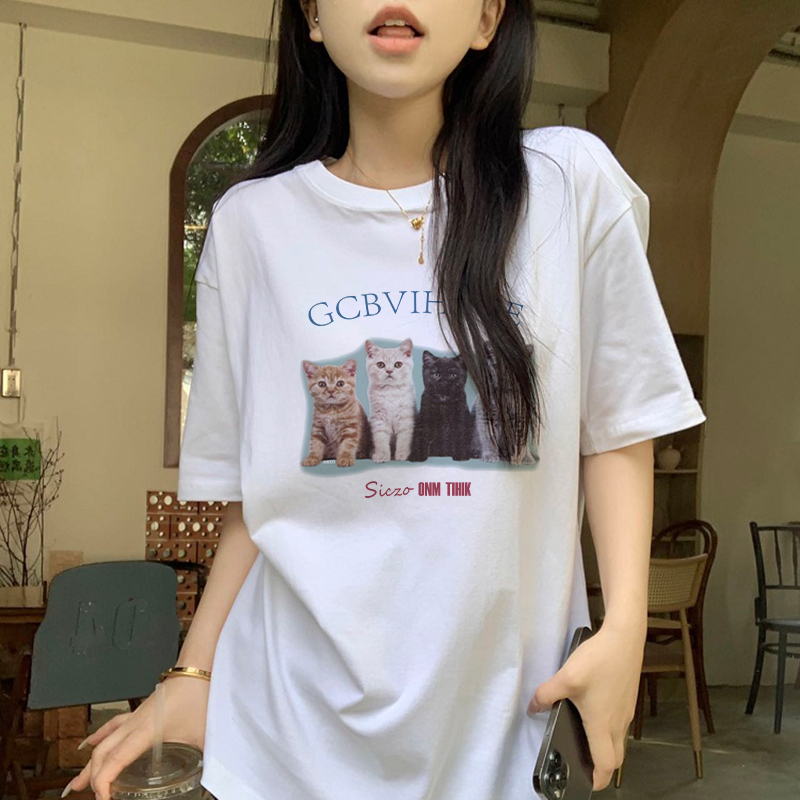 Print T-shirt Kaos Lengan Pendek Cartoon Cat Family Oversize Atasan Wanita Korean Style