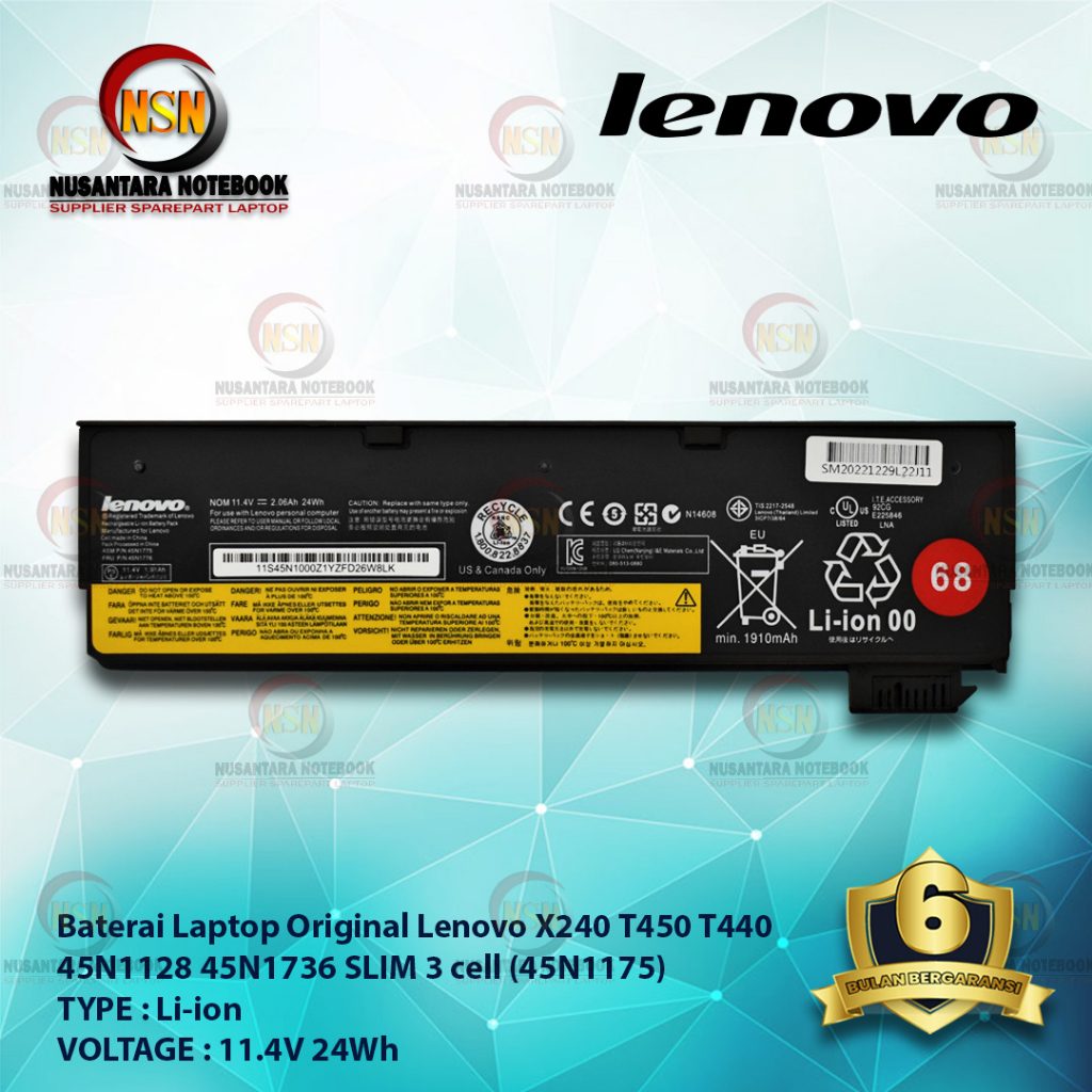 Baterai Original Laptop Lenovo X240 T450 T440 Slim 45N1175 11.4V 24Wh 3Cell