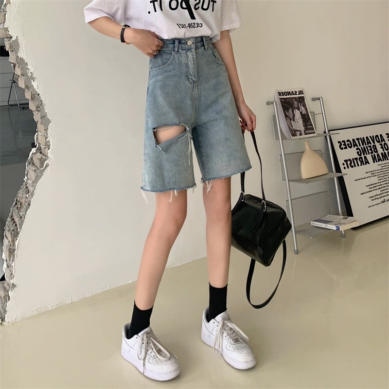 Biru Highwaist Robek Celana Pendek Jeans Wanita Korean Kekinian