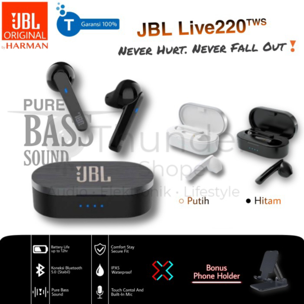Earphone Bluetooth Wireless Promo Super TWS - Diskon TWS Headset 220 JBL Live Bass Hitam