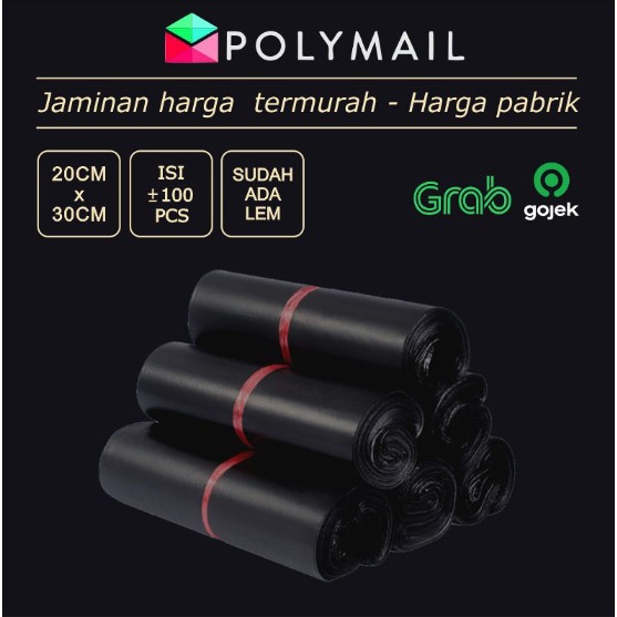 POLYMAILER ±100PCS 20x30CM HITAM GLOSSY EKONOMIS PLASTIK POLYMAILER
