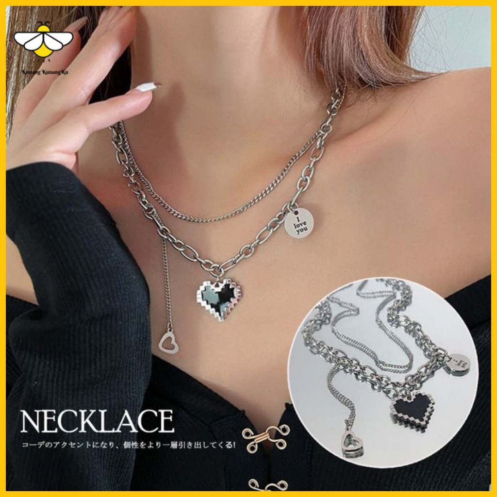 Kalung Multilayer Rantai Silver Liontin Hati Love Mosaik Kristal Hitam Anti Karat Untuk Wanita dan Pria Aksesoris Perhiasan