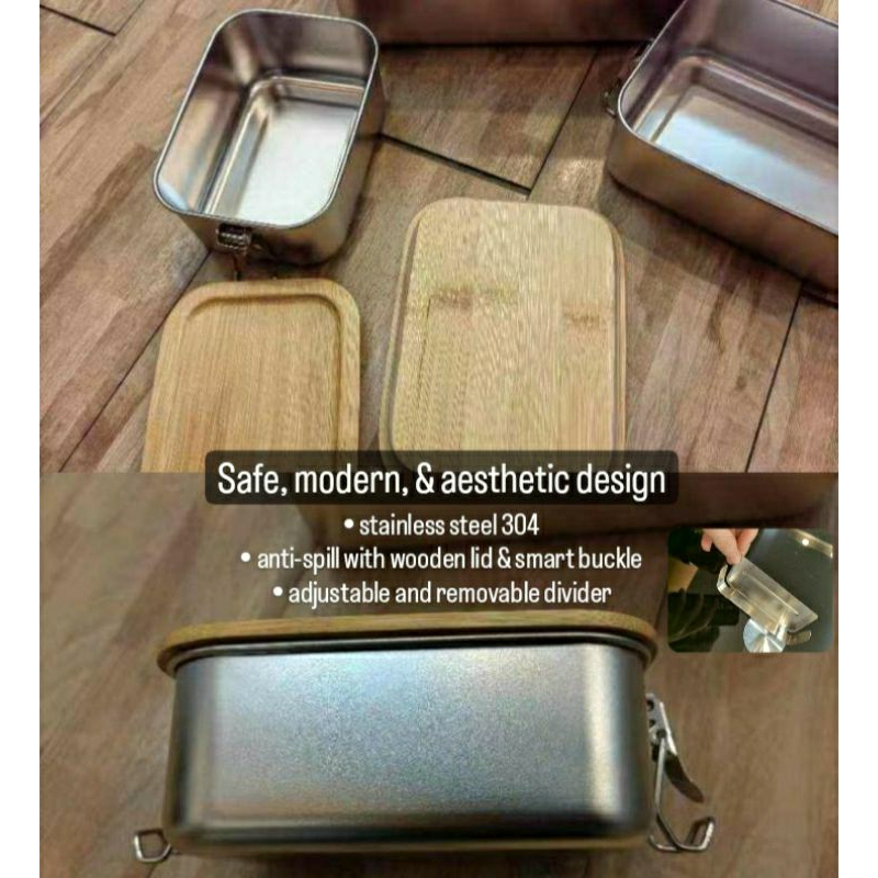 Lunch Box Stainless Steel 850 ml Wooden Lid Bento Box Kotak Bekal Tempat Makan Stainless Steel Anti Tumpah Tutup Kayu Kualitas Premium