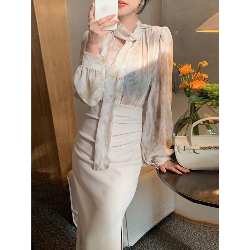 Tabita Set Korean Floral Vintage Party Dinner Setelan Manis Bunga Pink Cream Blouse Skirt Sexy Retro