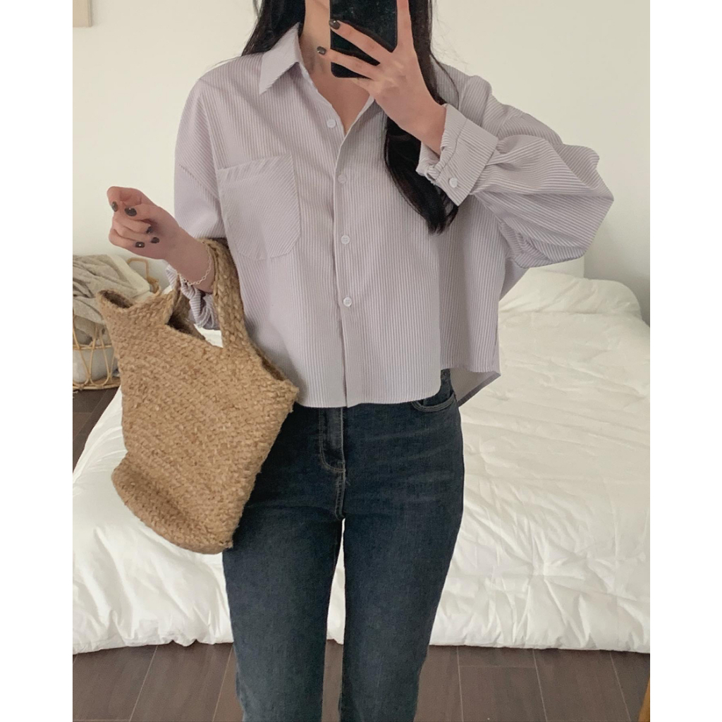 XIAOZHAINV Kemeja Bergaris Casual Longgar Lengan Panjang Wanita Korean Style 0771