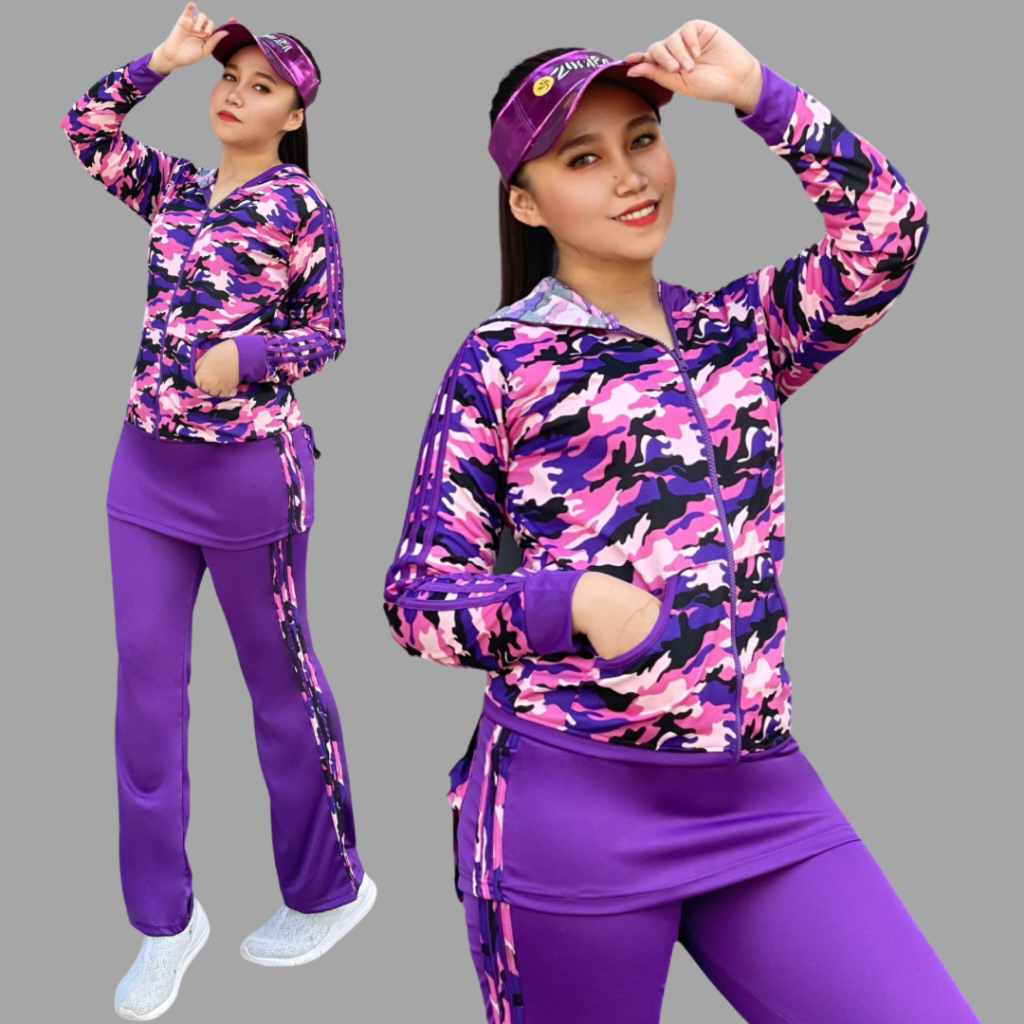 ND4 Setelan Baju Senam Olahraga Panjang Muslim Hijab Army Rok Ungu