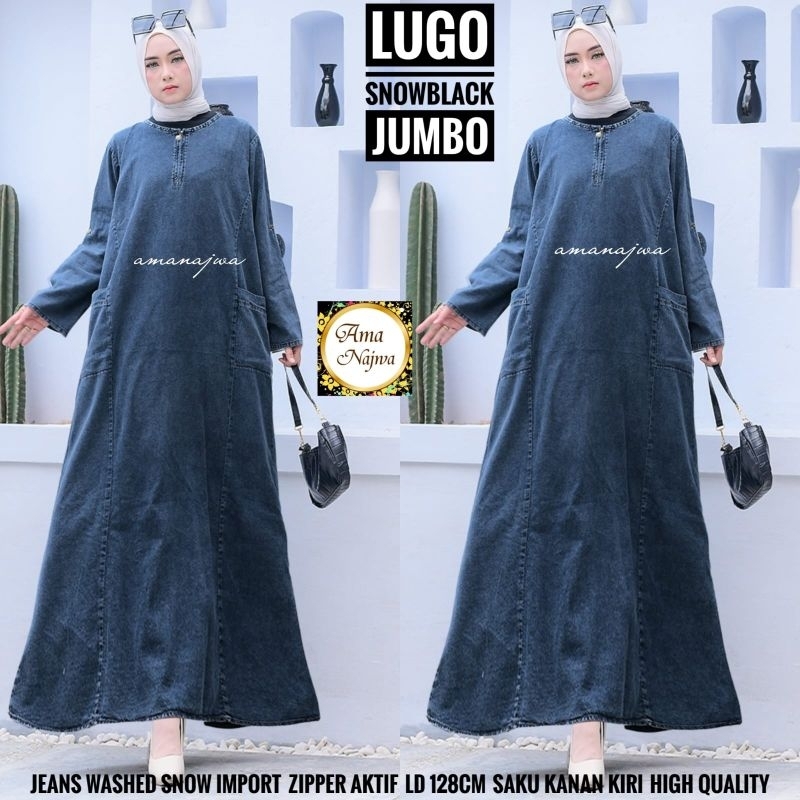 Lugo Dress Maxy Gamis Polos Hitam Super Jumbo Polos Hitam Jeans Snow Import Ld 128 Busui Resleting B