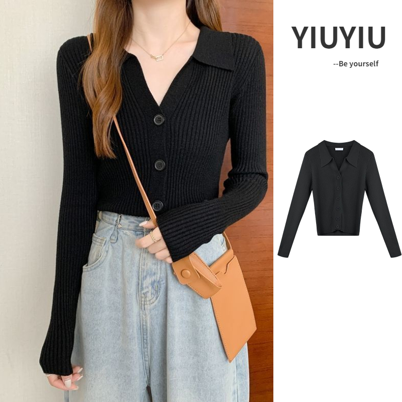 YIU YIU Rajut - Cardigan Rajut Wanita Polos Lengan Panjang V Casual Blouse