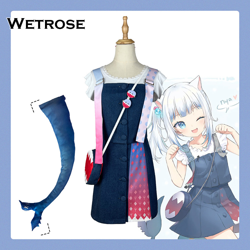 【Wetrose】 Hololive En Vtuber Gawr Gura Daily Dress Cat Shark Cosplay Costume Kostum Lucu Wanita Anak Cewek Gadis Anak Perempuan Set