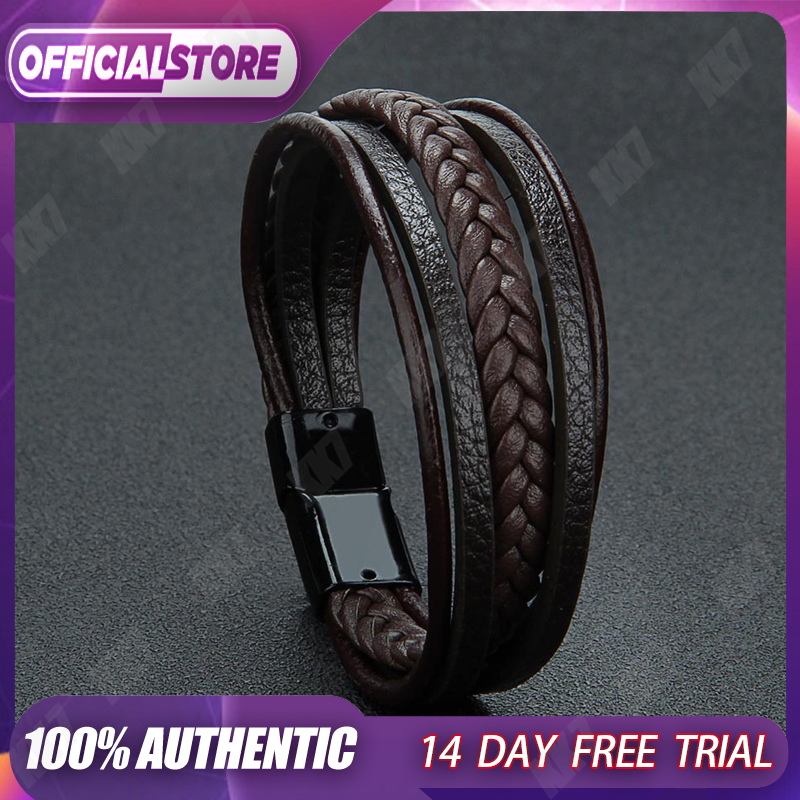 Coklat Anyam Gelang Kulit Pria Stainless Leather / Gelang Cowok Cowo / INTERNATIONAL QUALITY