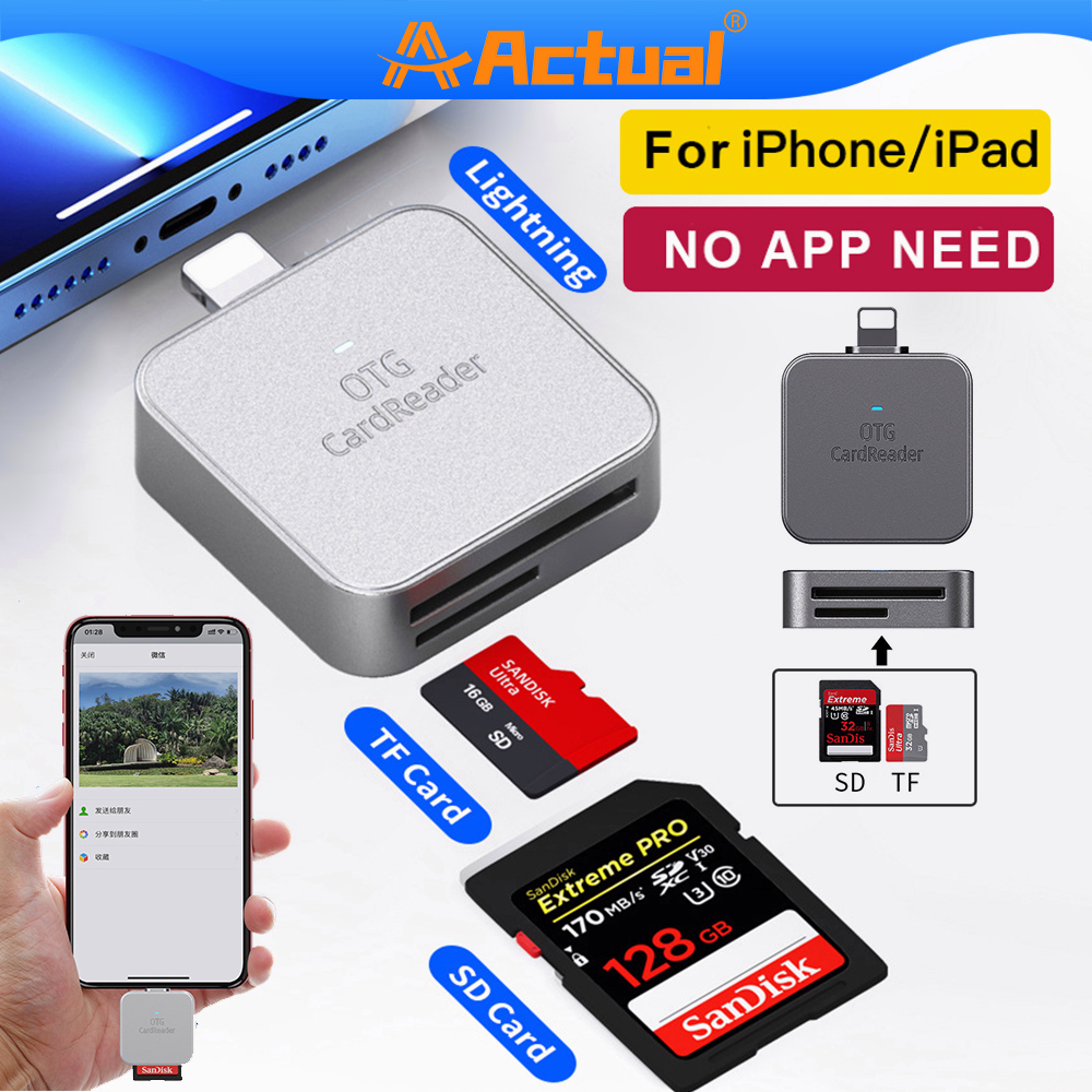 Actual SD Card Reader for iPhone/iPad,Lightning to SD/TF Card Camera Reader Adapter Converter for iPhone 13/12/11/X/XS/XR/8/7 iPad,Support iOS 9 - 15 Later,Plug and Play (2 in 1)