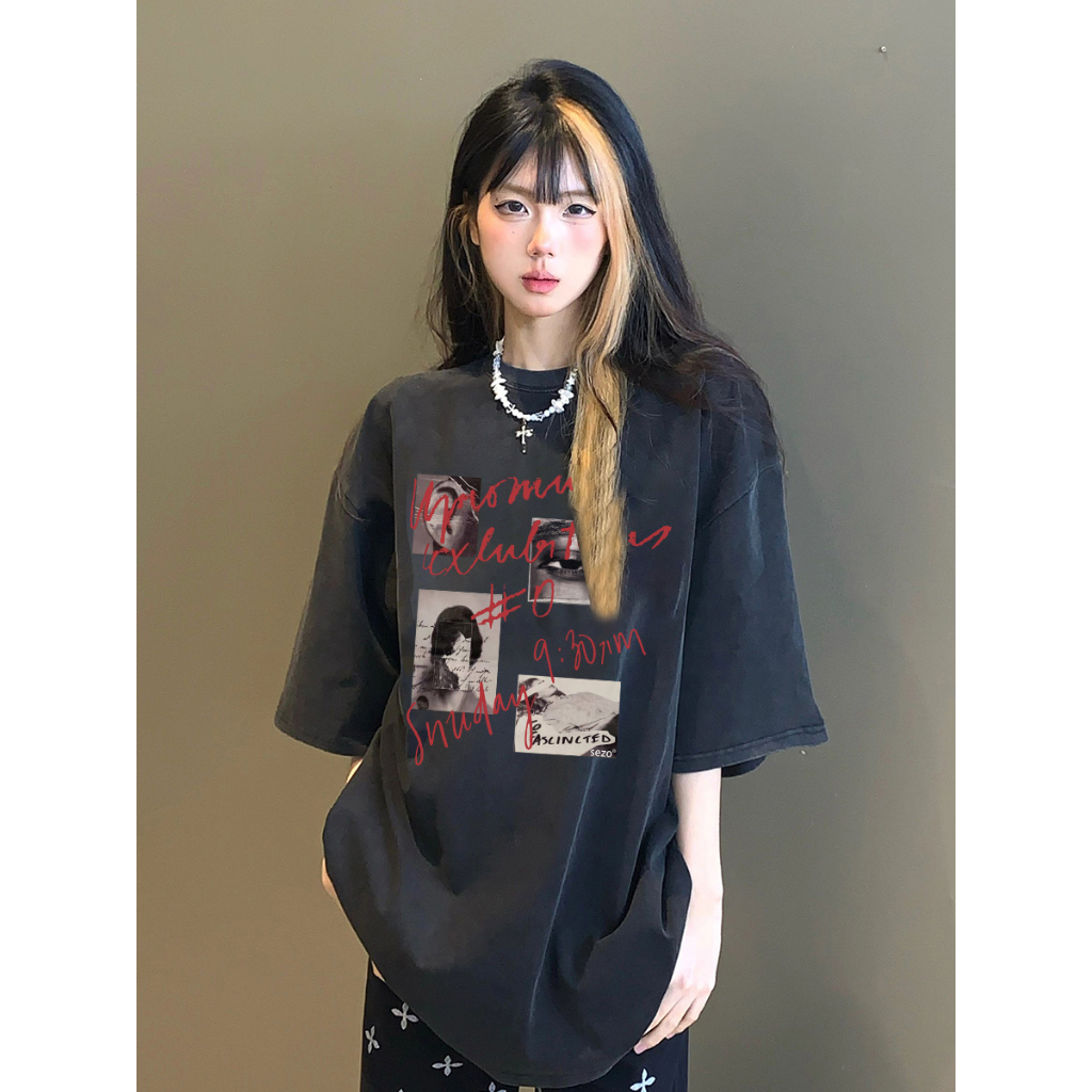 EUNII T-shirt Lengan Pendek Black Washed Vintage Postcard  Printing Korean Style/Kaos Atasan Wanita/Baju Wanita/Kaos Wanita