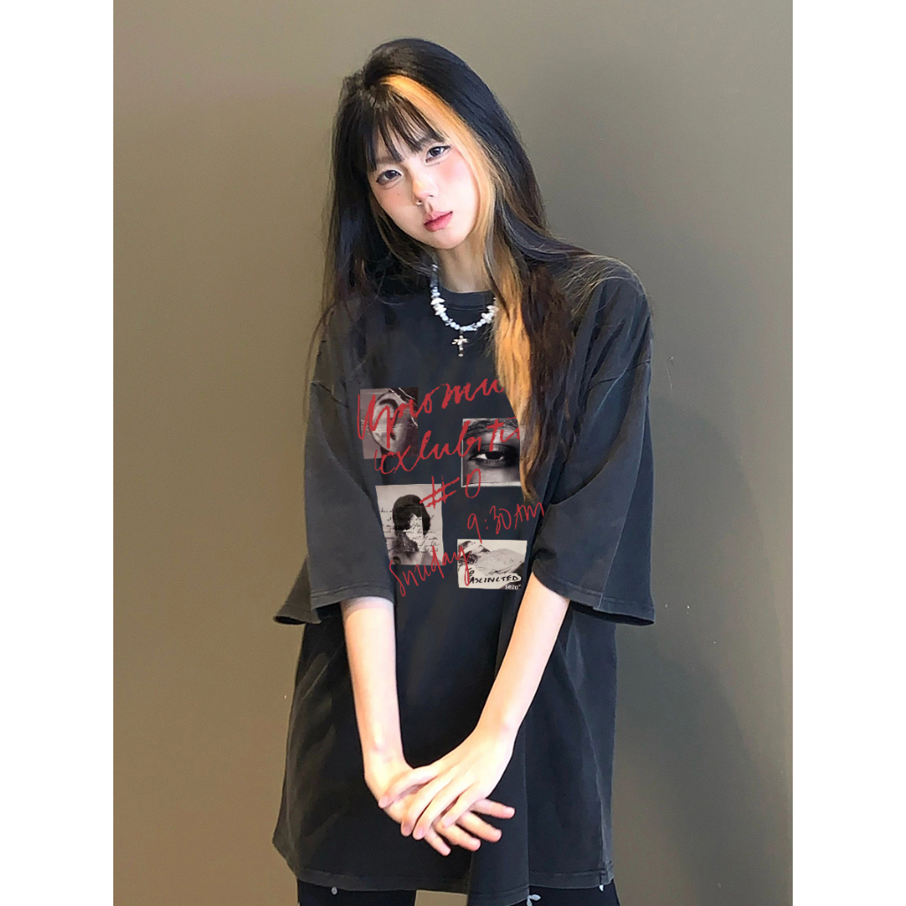 EUNII T-shirt Lengan Pendek Black Washed Vintage Postcard  Printing Korean Style/Kaos Atasan Wanita/Baju Wanita/Kaos Wanita