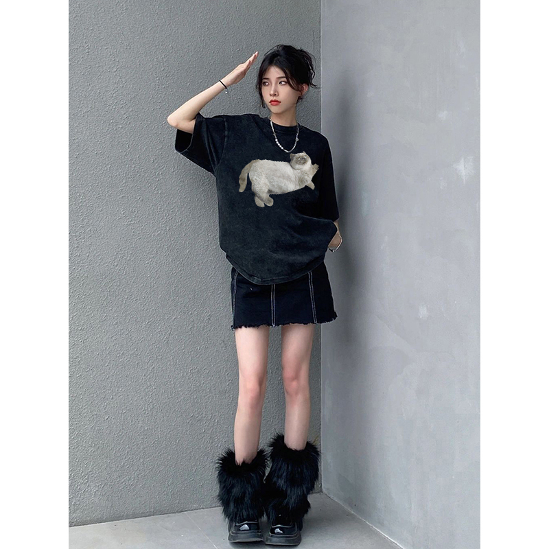 EUNII T-shirt Lengan Pendek Black Washed Cartoon Lazy Cat Printing Korean Style/Kaos Atasan Wanita/Baju Wanita/Kaos Wanita