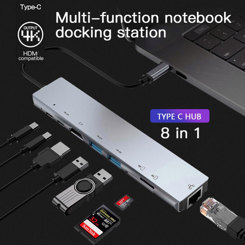 Actual【COD】USB C Hub Type-C 3.1 to 4K Compatible RJ45 USB SD/TF Card Reader PD Fast Charge 8-in-1 USB Dock