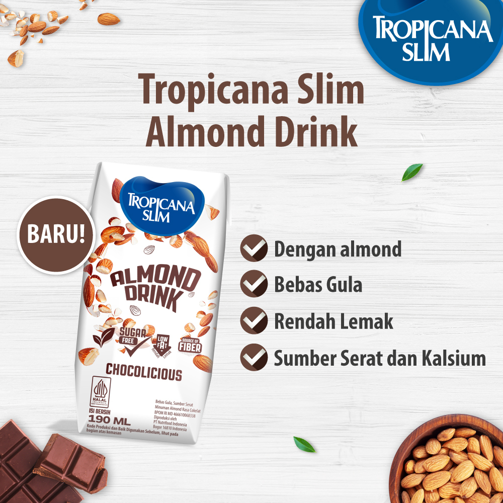 

XMASTER TROPICANA SLIM ALMOND DRINK CHOCOLICIOUS 190ML (12 PCS) - MINUMAN ALMOND COKELAT BEBAS GULA