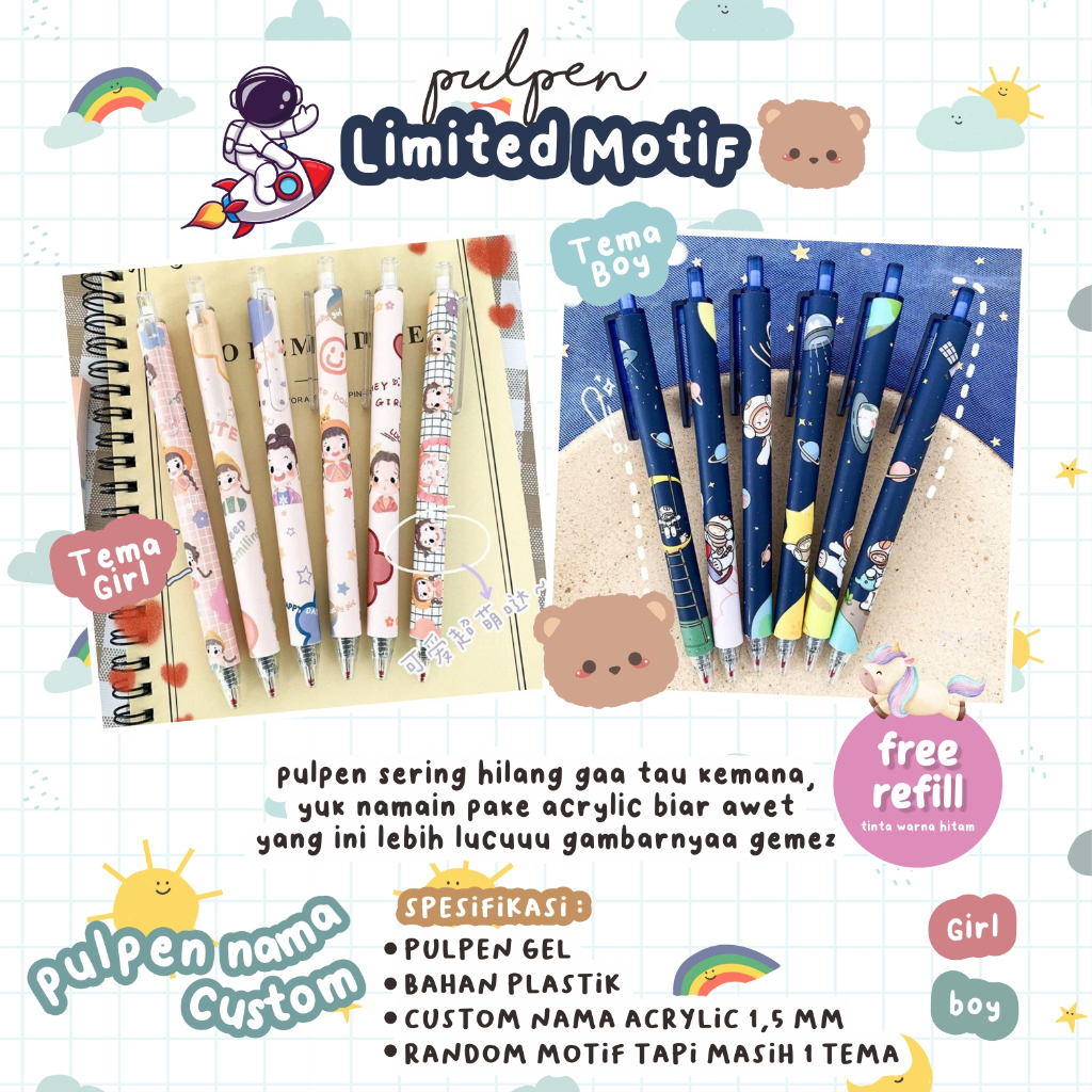 

Pulpen Gel Motif Tinta Hitam Custom Nama