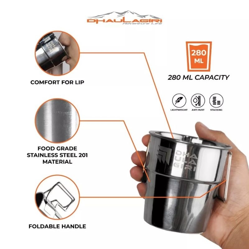 Mug Set isi 4Pcs Gelas Stainless Handle Camping Dhaulagiri