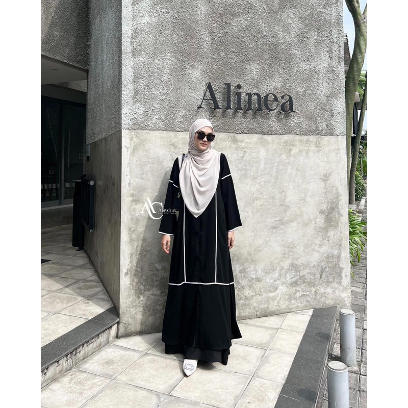 Abaya Hitam Turkey Saudi Outer Inner 2in1 Bahan Jetblack Kombinasi Wolfis List Putih 887