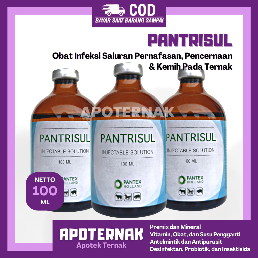PANTRISUL 100 ml | Obat Antibiotik Hewan Diare Batuk Pilek | Infeksi Saluran Pencernaan Pernafasan Kemih | Like Colibact Inj Sulfa Strong Intertrim | Pantex Holland | Apoternak