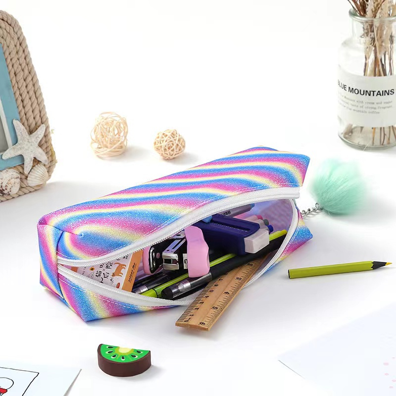 Tempat pensil lucu baru tempat pelangi Glitter flash kapur tas mengkilap tas pensil siswa penyimpanan alat tulis tas pensil