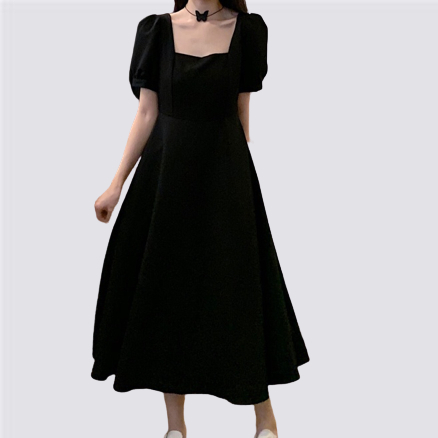 XIAOZHAINV Korea Retro Hitam Gaun Panjang Wanita