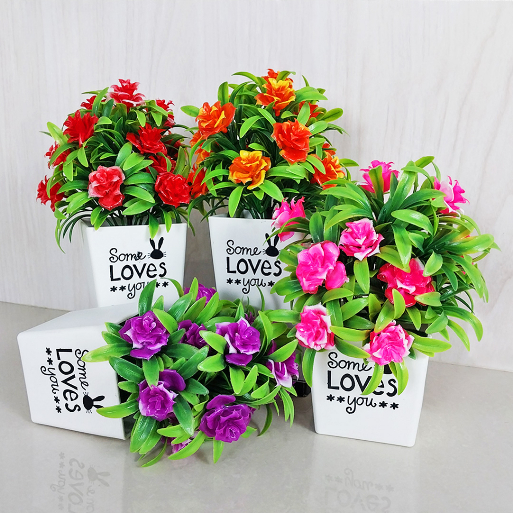 Bunga Hias Plastik Ornamen Tanaman Bunga Hias Palsu Dekorasi Rumah Artificial Flowers Pot Bunga Mawar Hias PBP12