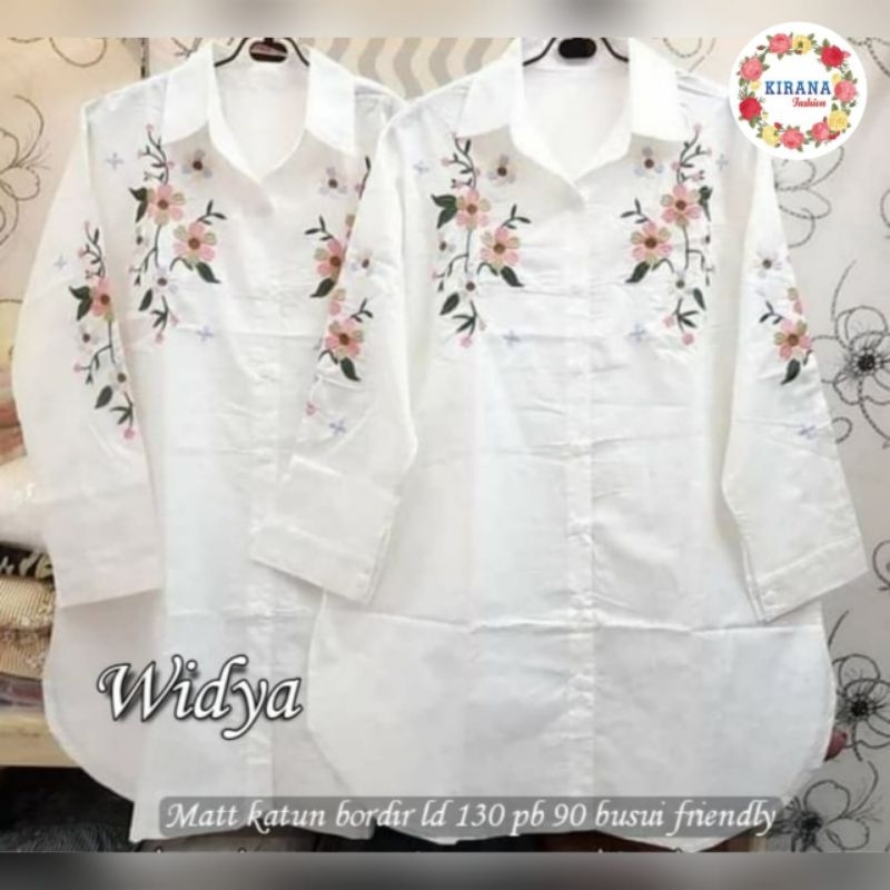 Widya Kemeja Tunik Balon White Putih Polos Katun Import Bordir Bunga Ld 130 Jumbo Fit XXXL By Kirana