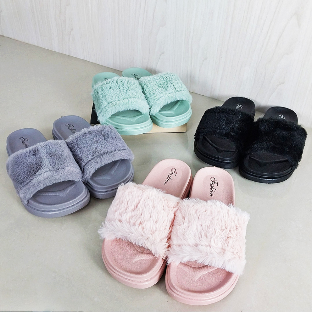 Sandal Wanita Slop Bulu Sandal Jalan Wanita Kekinian Sandal Slop Cewek Fashion Korea Sendal Slip On Perempuan Import SPT-52